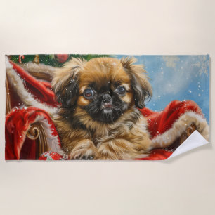 Serviette De Plage Fête de Noël des chiens de Pékin