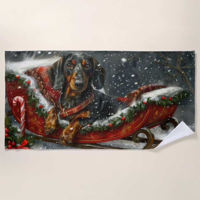 Serviette De Plage Fête de Noël du chien Dachshund (Devant)