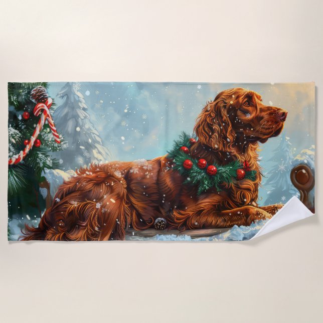 Serviette De Plage Fête de Noël du chien roux irlandais (Devant)