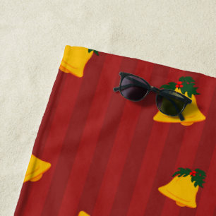 Serviette De Plage Fête Rouge Doré Rayure Cloches Noël