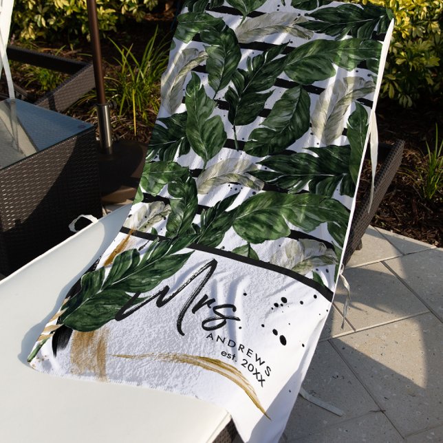 Serviette De Plage Feuillage tropical d'été | Mme Brushed Script (Créateur téléchargé)