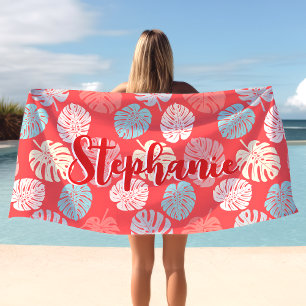 Serviette De Plage Feuille de Monstera Corail Tropical Colorée Nom de
