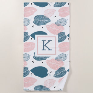 Serviette De Plage Feuille tropical bleu et blanc rose motif