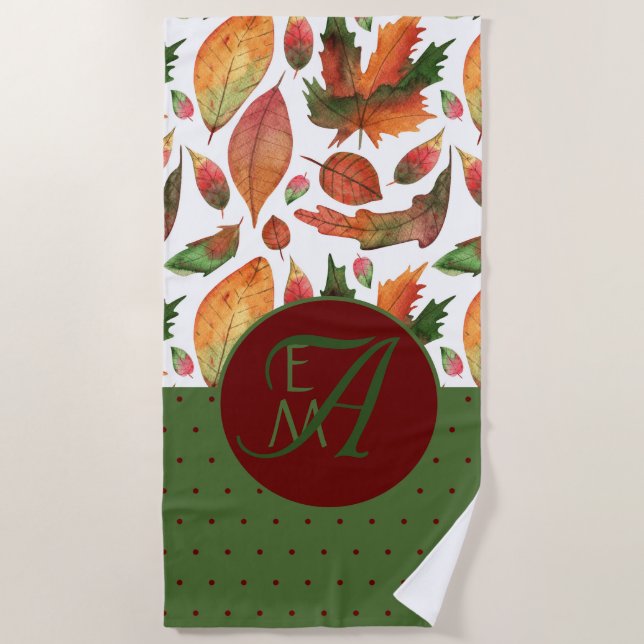 Serviette De Plage Feuilles d'automne monogrammes Automne Rouge Vert  (Devant)