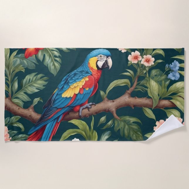 Serviette De Plage Feuilles de la jungle tropicale des perroquets col (Devant)