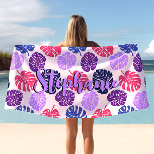 Serviette De Plage Feuilles de Monstera Tropicales Nom Script Rose Vi