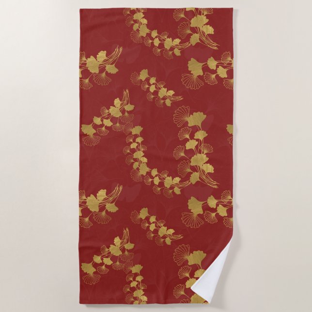Serviette De Plage Feuilles Gold Gingko Balboa sur Arrière - plan rou (Devant)