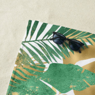 Serviette De Plage Feuilles grandes plantes tropicales vertes et or
