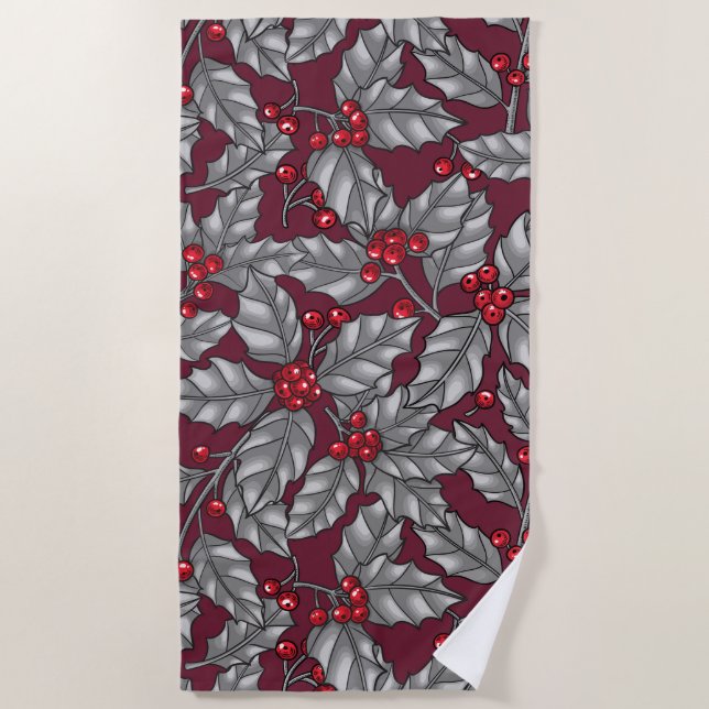 Serviette De Plage Feuilles gris sur rouge foncé (Devant)