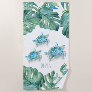 Serviette De Plage Feuilles tropicaux de tortue de mer et de palmiers