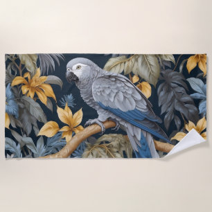 Serviette De Plage Feuilles tropicaux du perroquet gris d'Afrique