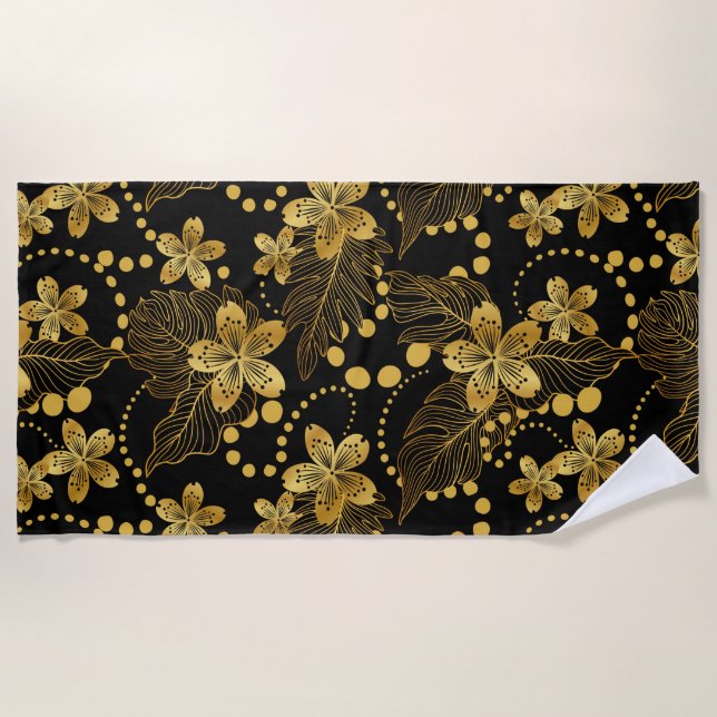 Serviette De Plage feuilles tropicaux & fleurs motif en or sur noir (Devant)