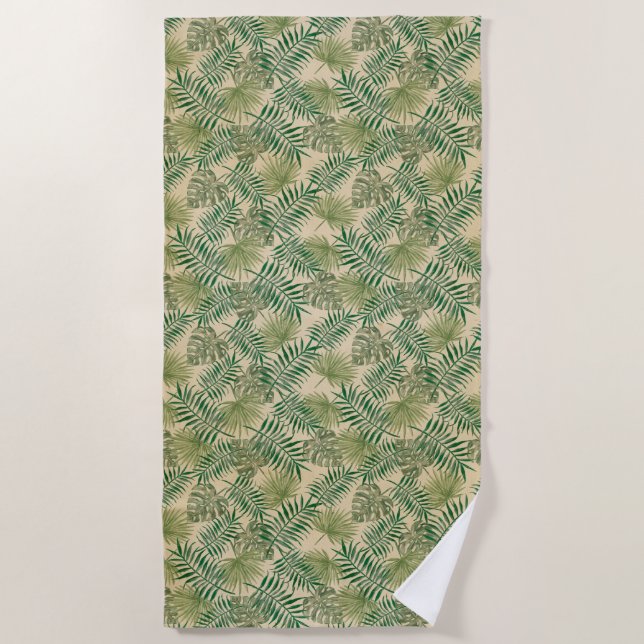 Serviette De Plage Feuilles verts à la crème tropicale (Devant)