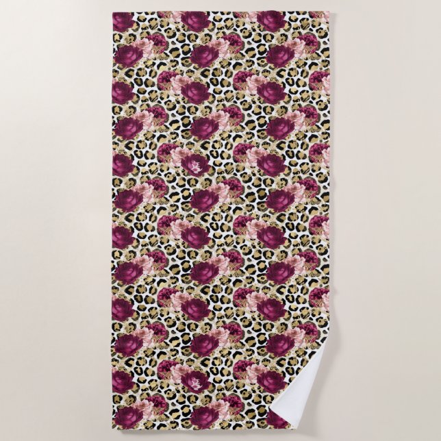 Serviette De Plage Fille Empreinte de léopard Floral rose or (Devant)