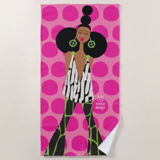 Serviette De Plage Fille noire en rose, noir, vert et blanc
