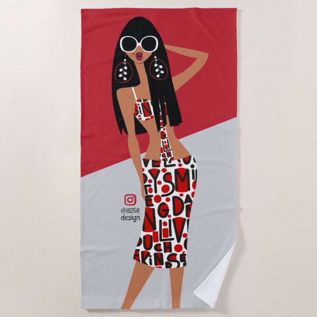 Serviette De Plage Fille noire en rouge, blanc, gris et noir (Devant)