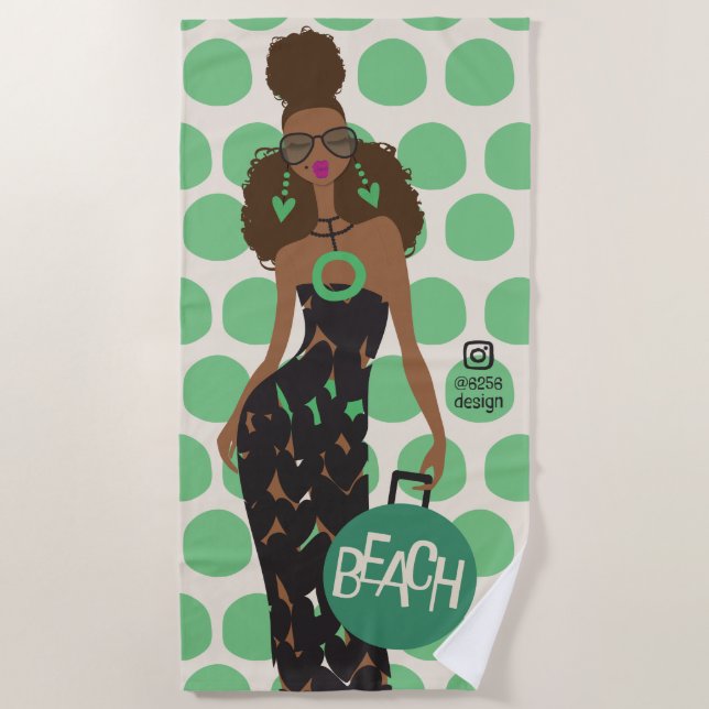 Serviette De Plage Fille noire en vert et blanc (Devant)