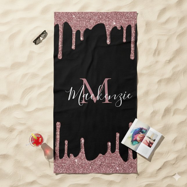 Serviette De Plage Fille Rose Rose Or Parties scintillant Épercées Le (Girly Pink Rose Gold Glitter Sparkle Drips Black Beach Towel)