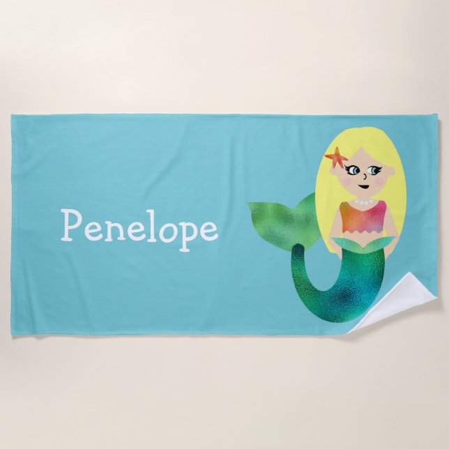 Serviette De Plage Filles blondes personnalisées de rose de sirène (Devant)