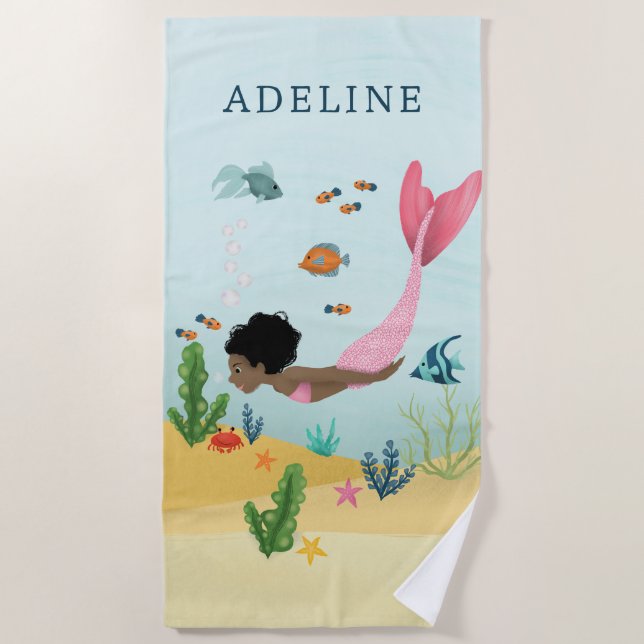 Serviette De Plage Filles mignonnes et magiques roses Afro Mermaid En (Devant)