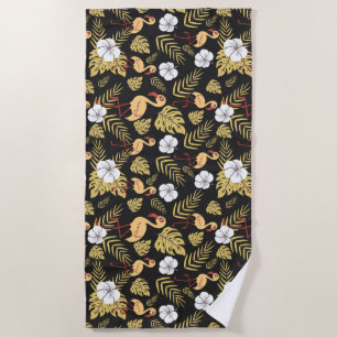 Serviette De Plage Flamant rose continu motif fleurs jaune et blanc