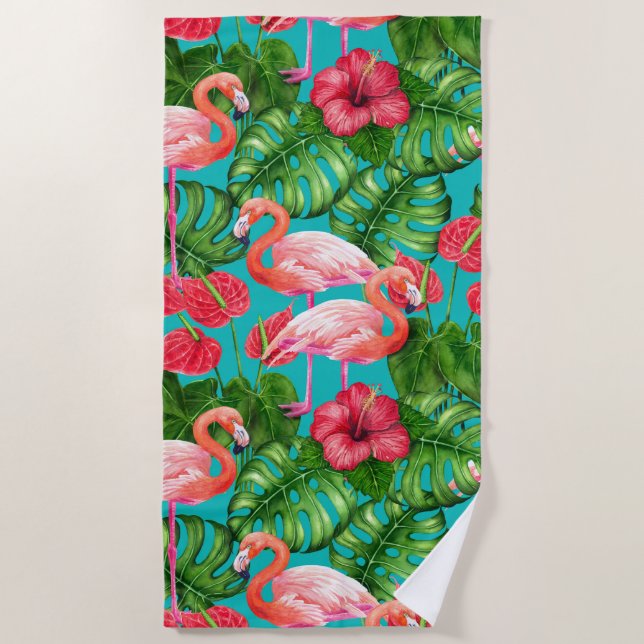 Serviette De Plage Flamant rose et aquarelle du jardin tropical (Devant)