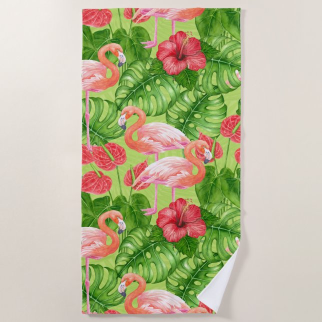 Serviette De Plage Flamant rose et plantes tropicaux (Devant)