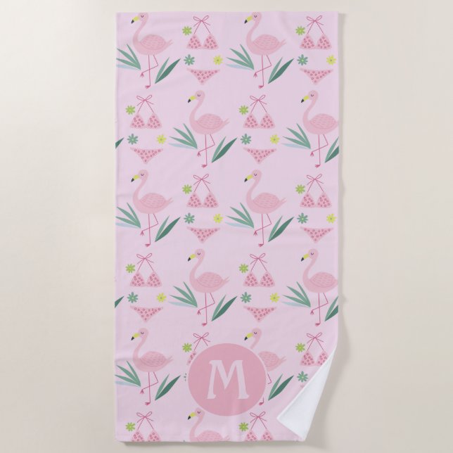 Serviette De Plage Flamant rose fille mignonne et Monogramme rose bik (Devant)