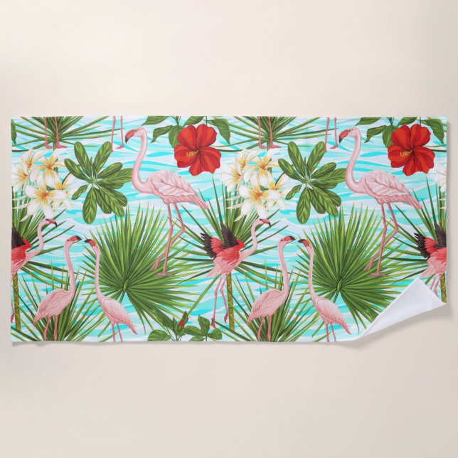 Serviette De Plage Flamant rose Fleurs tropicales Foliage Arrière - p (Devant)