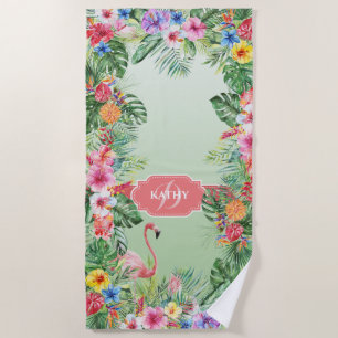 Serviette De Plage Flamant rose floral tropical Aquarelle Nom du mono