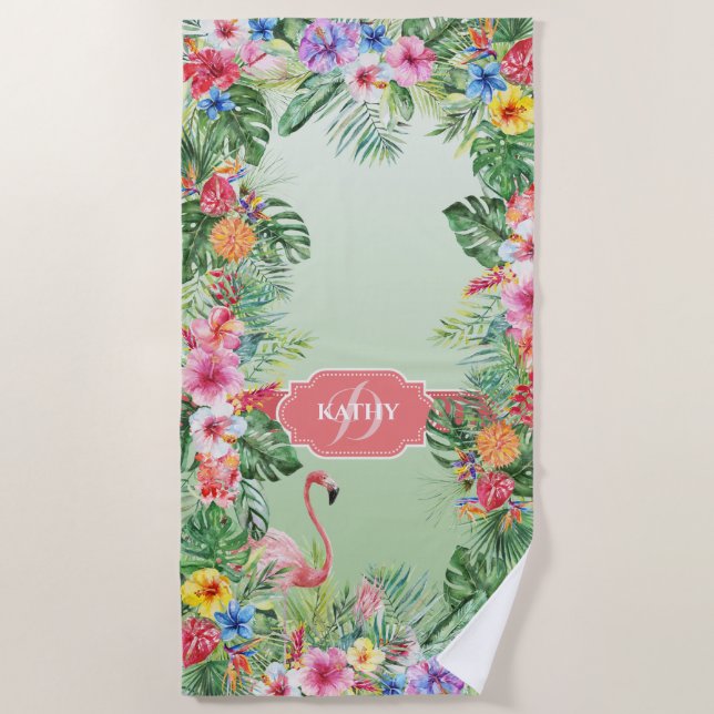 Serviette De Plage Flamant rose floral tropical Aquarelle Nom du mono (Devant)