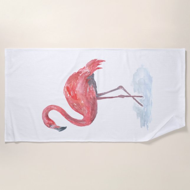 Serviette De Plage Flamant rose rose, aquarelle. (Devant)