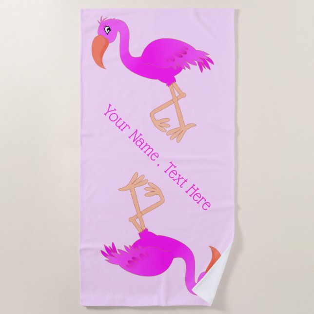 Serviette de plage Flamant rose rose avec nom de t (Devant)