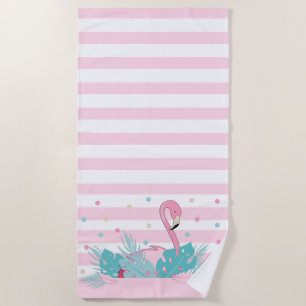 Serviette De Plage Flamant rose rose élégant et Feuilles tropicaux