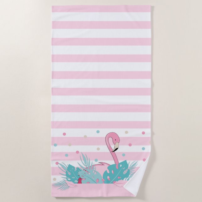 Serviette De Plage Flamant rose rose élégant et Feuilles tropicaux (Devant)