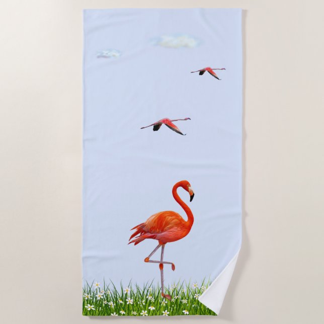 Serviette De Plage Flamant rose rose et prairie avec fleurs sur bleu  (Devant)