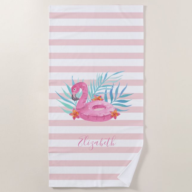 Serviette De Plage Flamant rose rose Fille mignonne, Feuilles de palm (Devant)