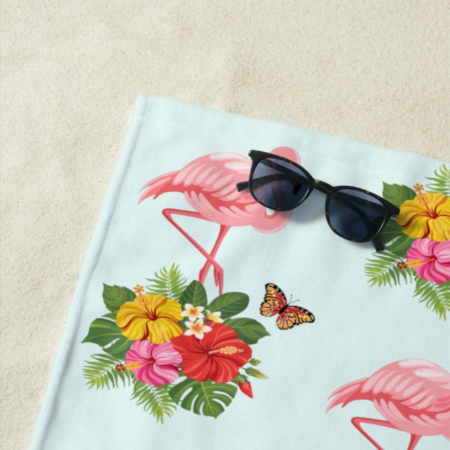 Serviette De Plage Flamant rose rose & Hibiscus Tropical Fancy Motif (En situation)