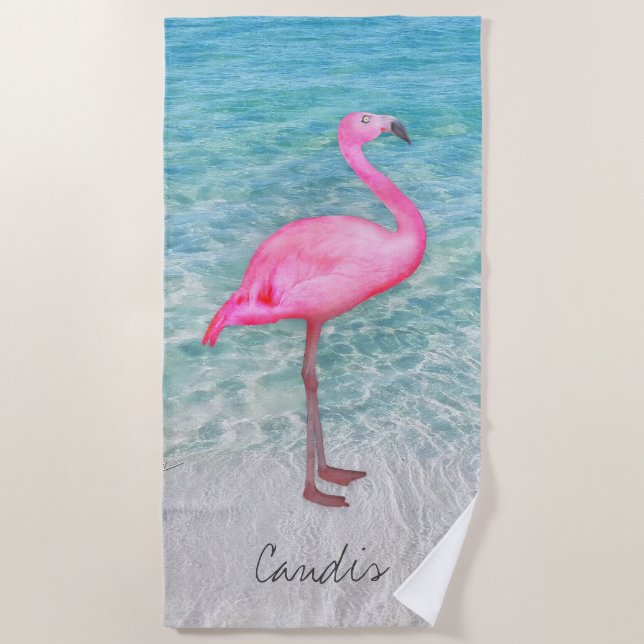 Serviette De Plage Flamant rose rose personnalisé Plage de sable trop (Devant)