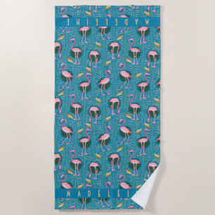 Serviette De Plage Flamant rose rose Tropical Art Déco Retro Bleu Per