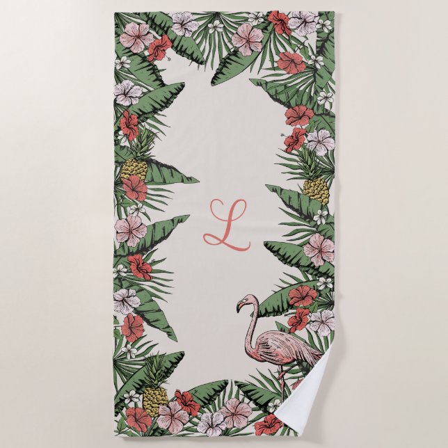 Serviette De Plage Flamant rose rose tropical et Hibiscus Monogrammé (Devant)