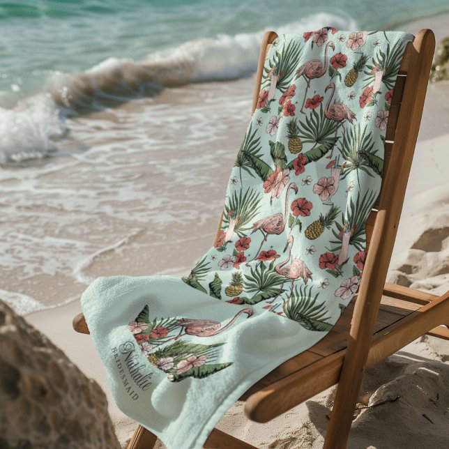 Serviette De Plage Flamant rose rose tropical Motif floral Turquoise (Tropical Pink Flamingo Bridesmaid Beach / Pool Towels. Flamingo, Hibiscus Flowers, Pineapple, Drinks)