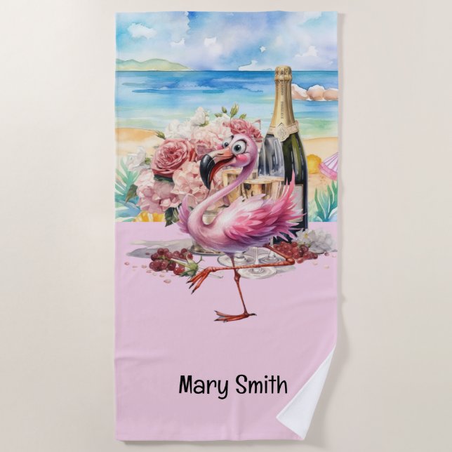 Serviette De Plage Flamant rose sur la plage (Devant)