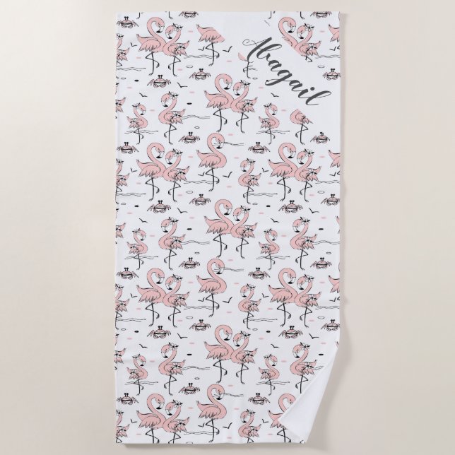 Serviette De Plage Flamants roses et crabes personnalisés  (Devant)