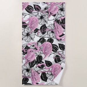 Serviette De Plage Flamants roses et fleurs d'hibiscus