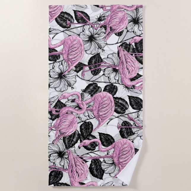 Serviette De Plage Flamants roses et fleurs d'hibiscus (Devant)