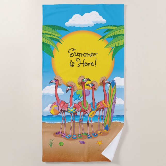 Serviette de plage flamants roses L'été est là (Devant)