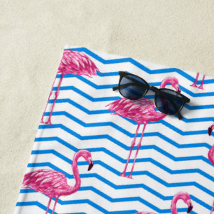 Serviette De Plage Flamants roses roses Bleu Abstrait Chevrons Monogr