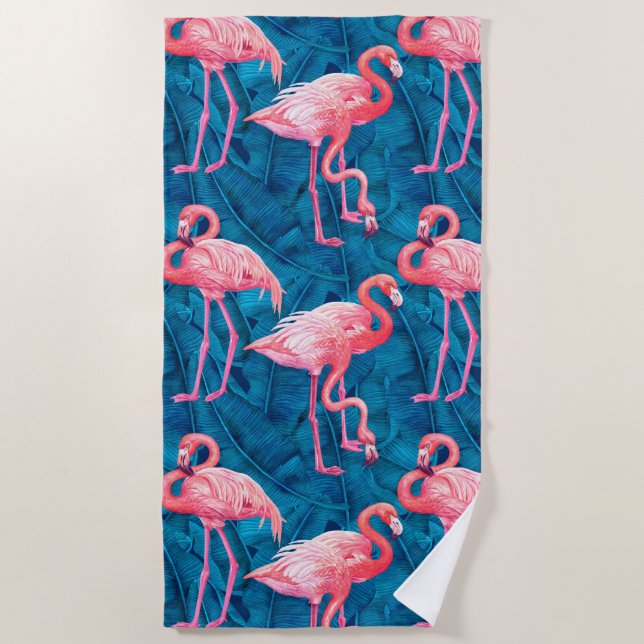 Serviette De Plage Flamants roses sur feuilles de bananes bleues (Devant)