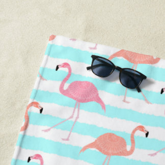 Serviette De Plage Flamants sur Rayures Bleues